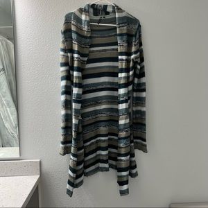 Striped, knit, and long cardigan